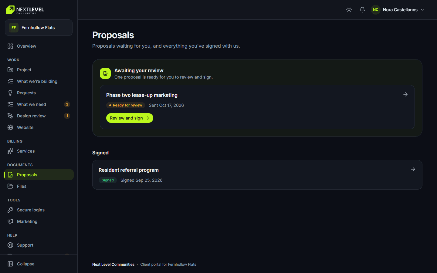 Approvals: Proposals and estimates reviewed and signed in the portal.