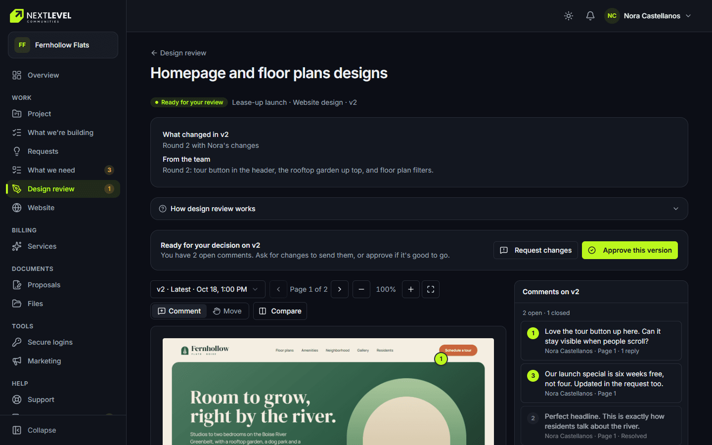 Design review: Pinned comments, approvals and page sign-off.