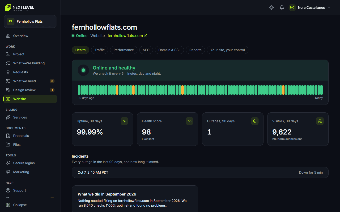 Website hub: Uptime, traffic, performance, search checks and backups.