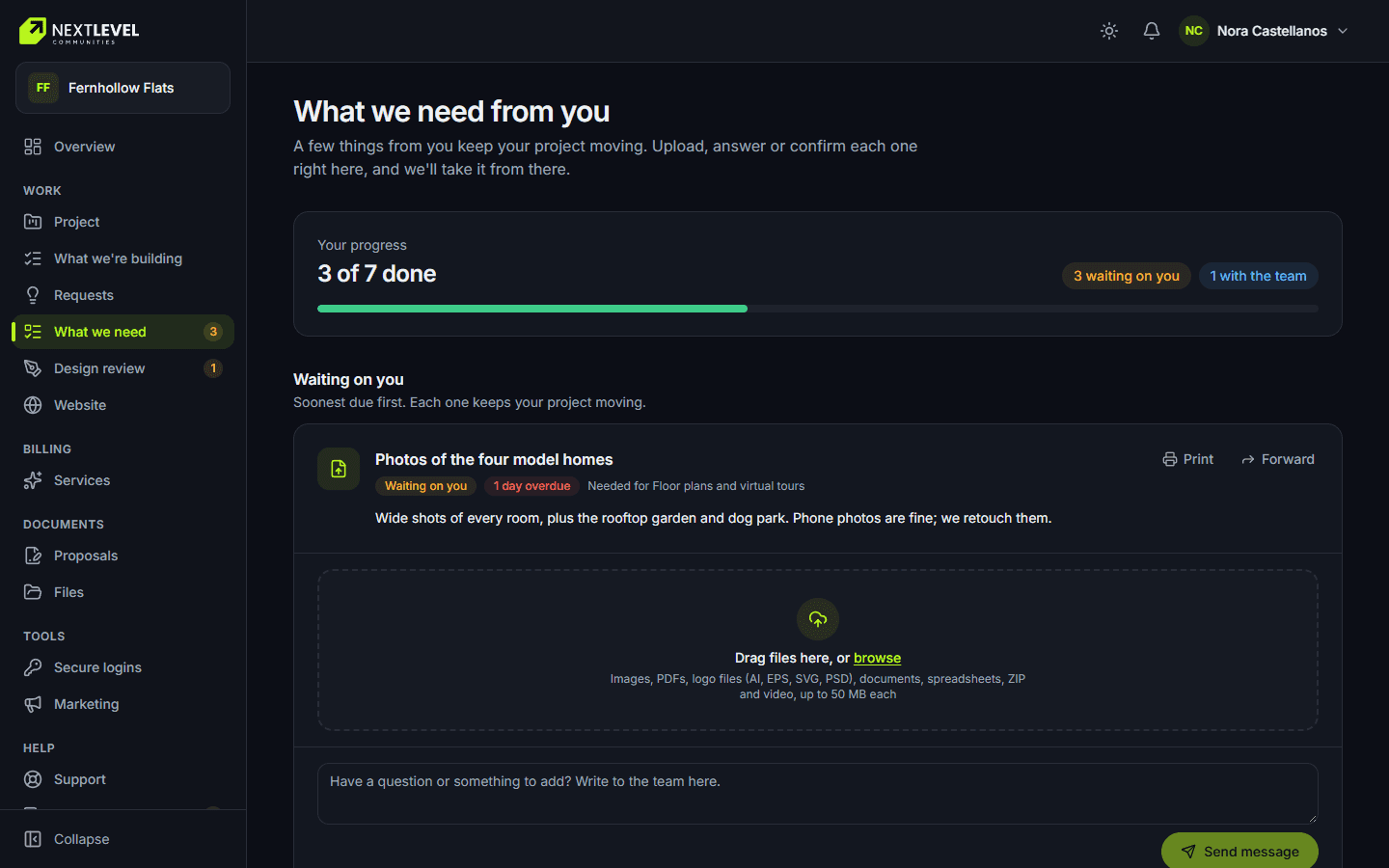 What we need from you: Questions from the team, answered and tracked in one list.